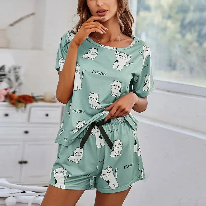 Conjunto de Pijama Estampa de Gato 2 Peças